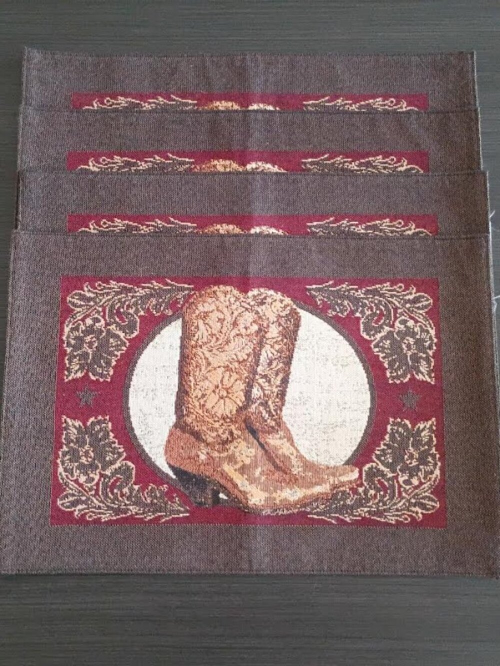 BROWN COWBOY BOOTS TAPESTRY PLACEMATS SET OF FOUR WESTERN RUSTIC 13" x 18.5"